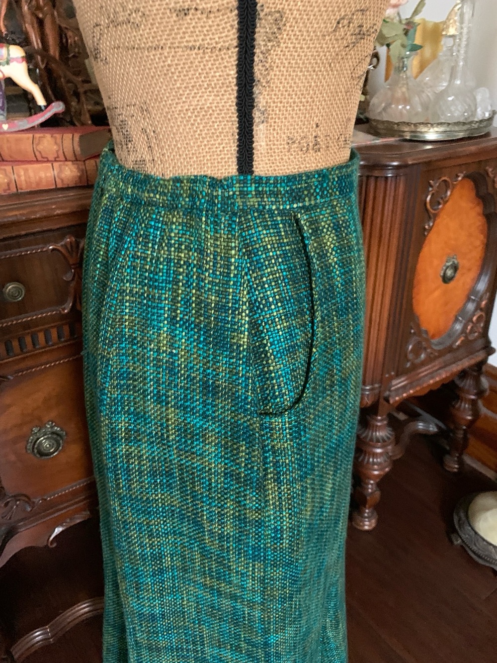 Vintage Victorian-inspired 50's-inspo Edwardian-inspo Turquoise Tweed Skirt - Picture 5 of 16